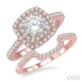 1 1/5 Ctw Diamond Wedding Set in 14K With 1 Ctw Round cut Double Row Engagement Ring in Rose and White Gold and 1/5 Ctw Wedding Band in Rose Gold