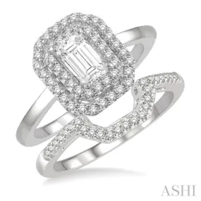 1 ctw Round Cut Diamond Wedding Set With 3/4 ctw Emerald Cut Engagement Ring and 1/5 ctw Trough Shape Center Wedding Band in 14K White Gold