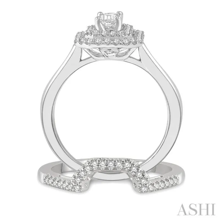 1 ctw Round Cut Diamond Wedding Set With 3/4 ctw Emerald Cut Engagement Ring and 1/5 ctw Trough Shape Center Wedding Band in 14K White Gold