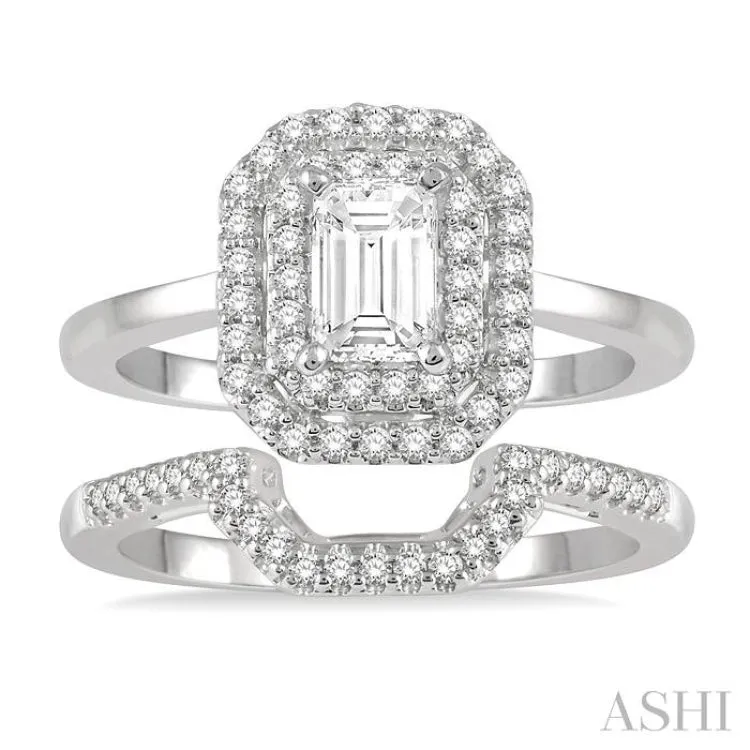 1 ctw Round Cut Diamond Wedding Set With 3/4 ctw Emerald Cut Engagement Ring and 1/5 ctw Trough Shape Center Wedding Band in 14K White Gold