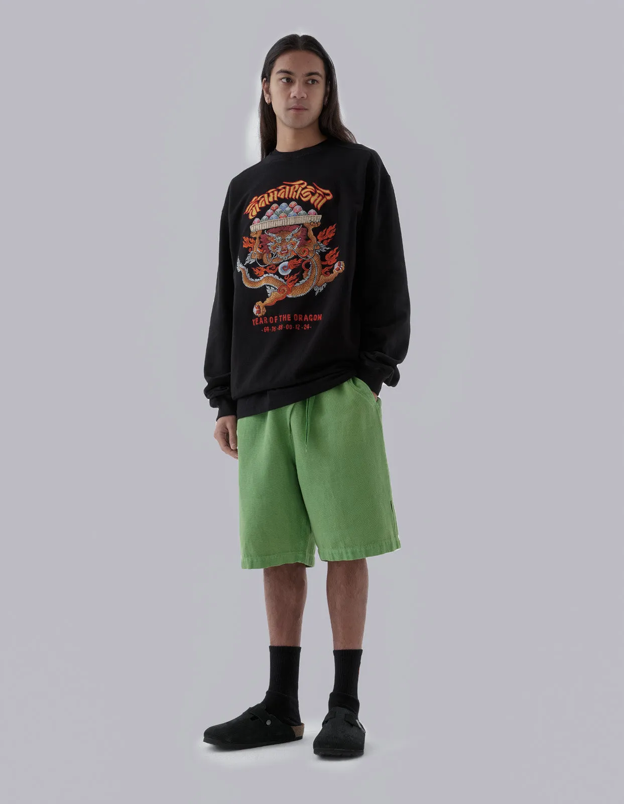 5007 Hemp Asym Loose Track Shorts Bamboo Green
