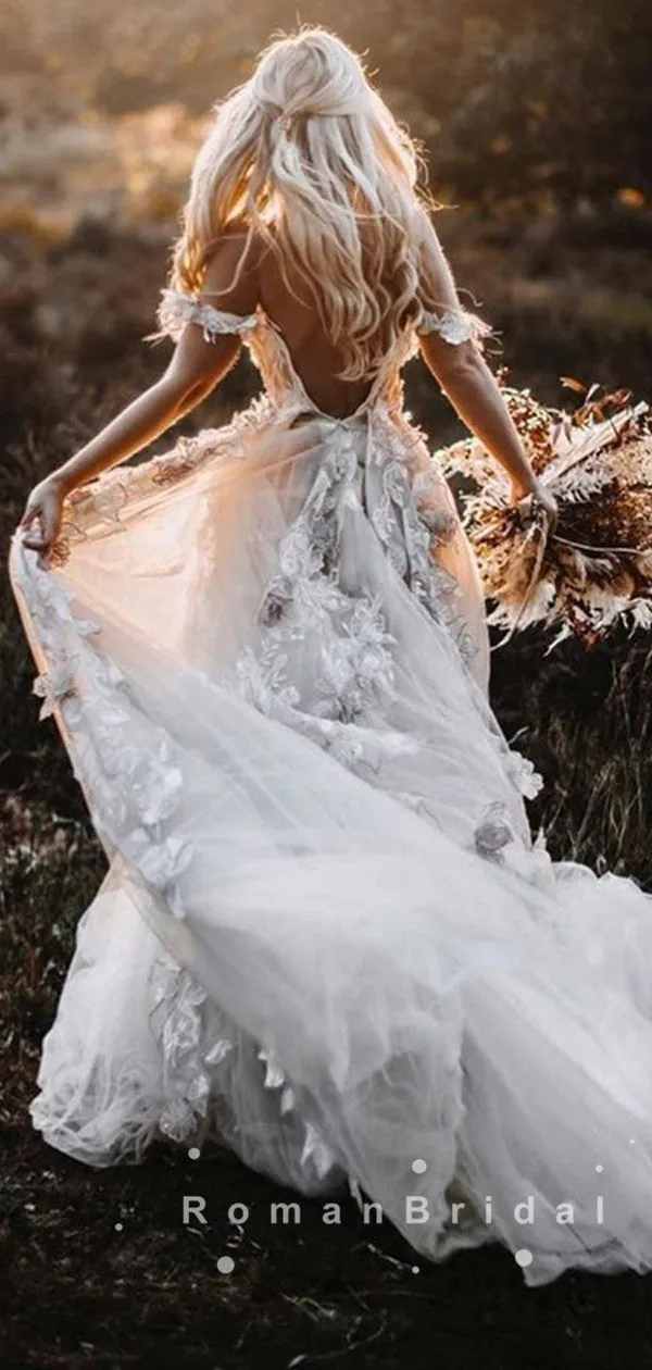 A-Line Off The Shoulder Lace Tulle Long Wedding Dresses,RBWD0018