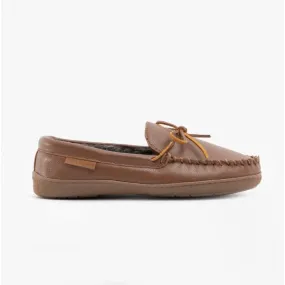 ACE Mens Leather Moccasin Slippers Tan