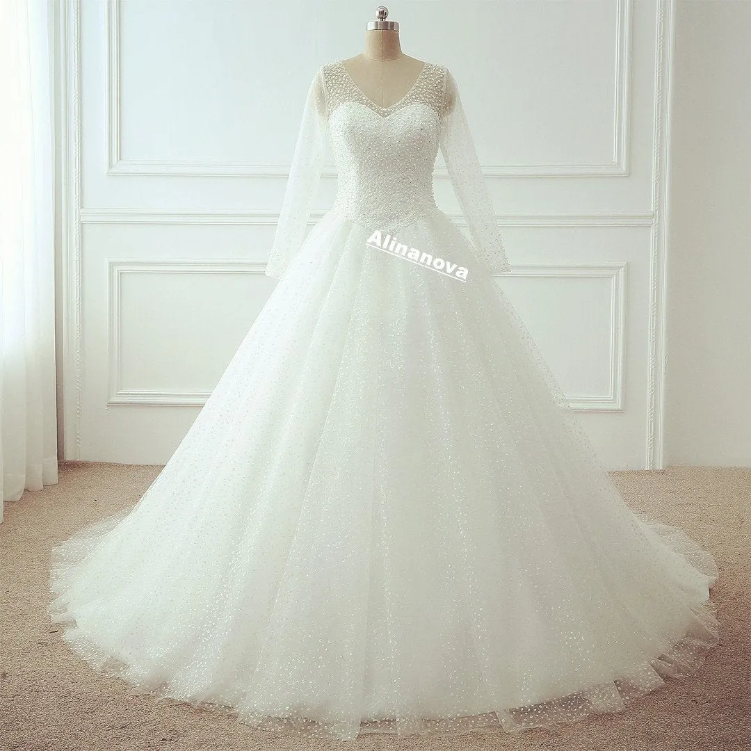 Bling Bling Long Sleeves Wedding Dresses Ball Gowns With Pearl And Sequins Beaded