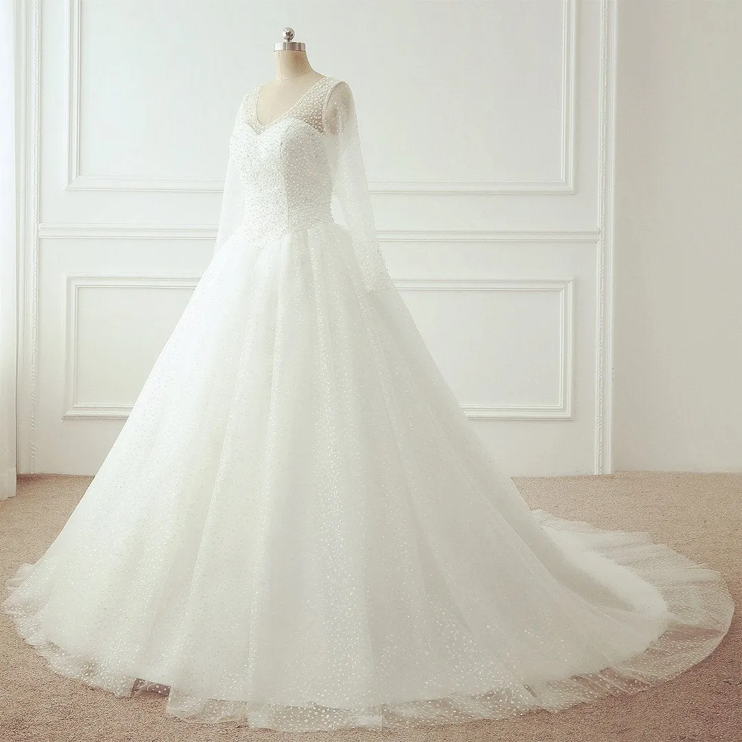 Bling Bling Long Sleeves Wedding Dresses Ball Gowns With Pearl And Sequins Beaded