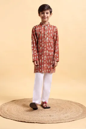 Boys Ajrak Red Print Cotton Kurta & Pajama