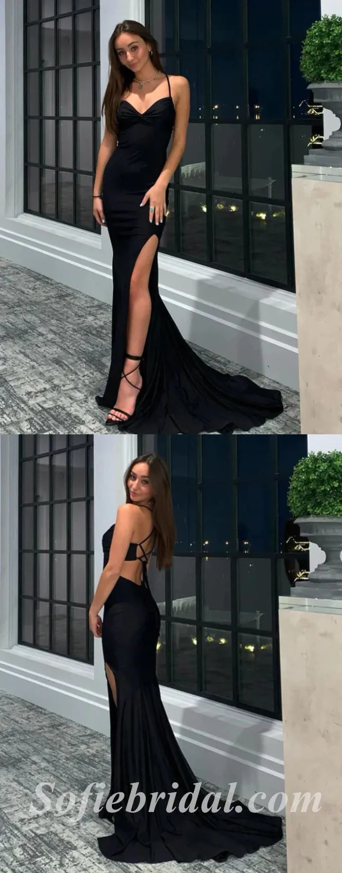 Copy of Sexy Black Satin Spaghetti Straps V-Neck Side Slit A-Line Long Prom Dresses,SFPD0479