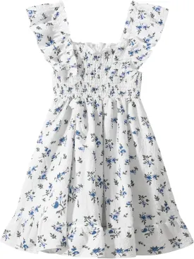 Girls Summer Dress Floral Ruffle Sleeve Swing Flowy Dresses A-line Sundress for Girls Casual Beach Wedding Dress