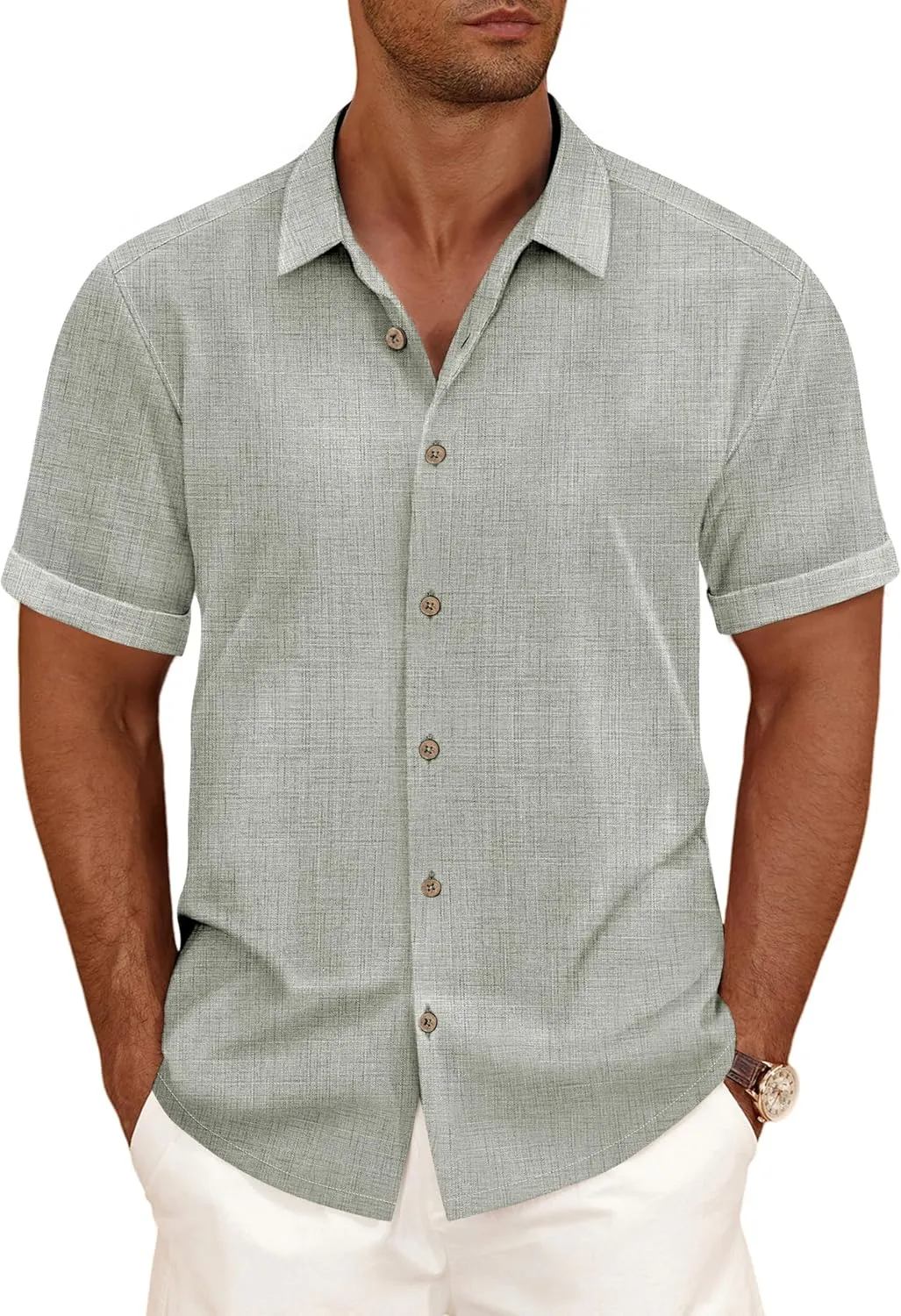 Linen Shirts for Men Casual Short Sleeve Button Down Shirt Cool Summer Beach Wedding Vacation Tops