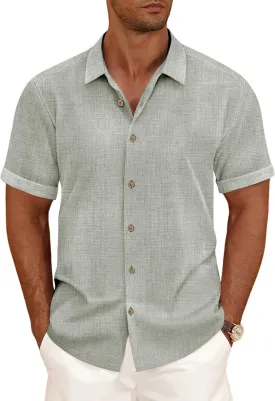 Linen Shirts for Men Casual Short Sleeve Button Down Shirt Cool Summer Beach Wedding Vacation Tops