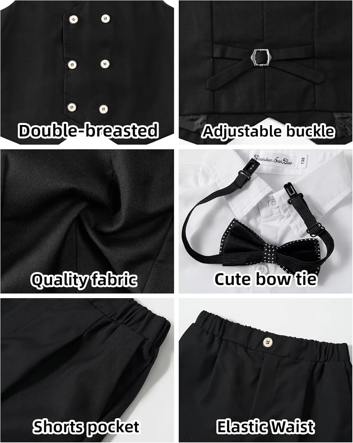LOLANTA 4Pcs Summer Boys Suit, Kids Dress Clothes Shirt Vest Shorts Bow Tie, Waistcoat Tuxedo Wedding Ring Bearer Outfit
