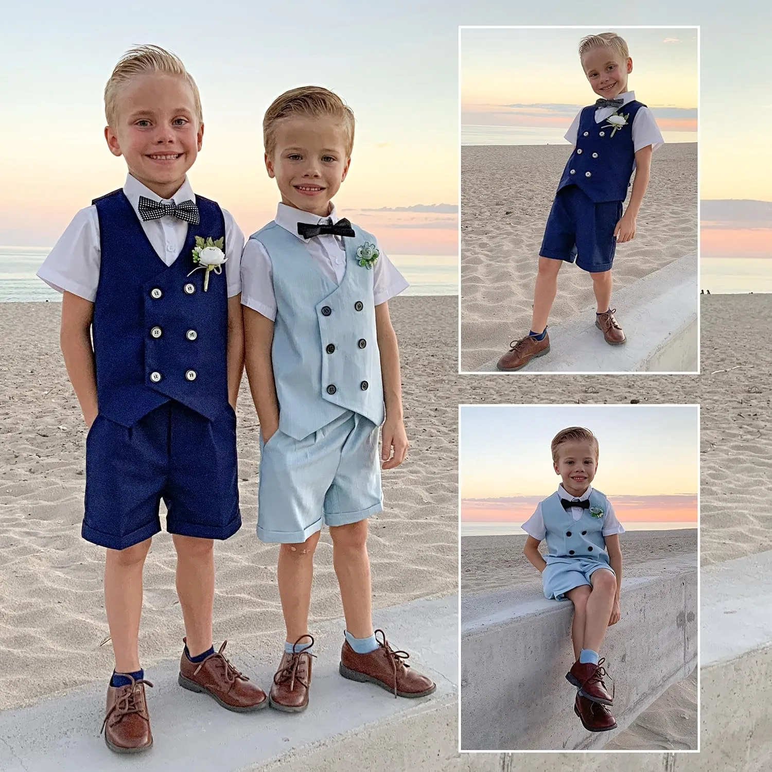 LOLANTA 4Pcs Summer Boys Suit, Kids Dress Clothes Shirt Vest Shorts Bow Tie, Waistcoat Tuxedo Wedding Ring Bearer Outfit