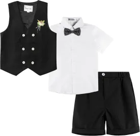 LOLANTA 4Pcs Summer Boys Suit, Kids Dress Clothes Shirt Vest Shorts Bow Tie, Waistcoat Tuxedo Wedding Ring Bearer Outfit