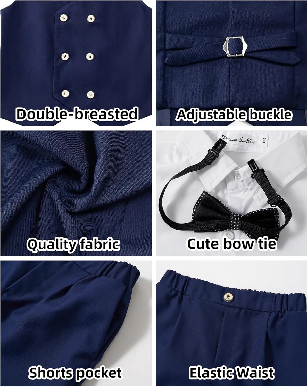 LOLANTA 4Pcs Summer Boys Suit, Kids Dress Clothes Shirt Vest Shorts Bow Tie, Waistcoat Tuxedo Wedding Ring Bearer Outfit