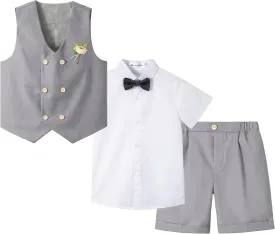 LOLANTA 4Pcs Summer Boys Suit, Kids Dress Clothes Shirt Vest Shorts Bow Tie, Waistcoat Tuxedo Wedding Ring Bearer Outfit