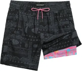 maamgic Mens Swim Trunks 7" Swim Shorts with Compression Liner Quick Dry Swimming Trunks Plaid Grain Bathing Suit