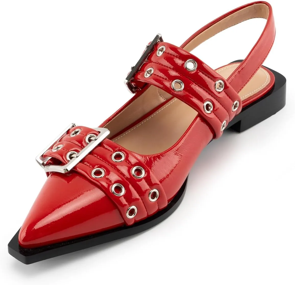 Slingback Flats for Women, Buckle Ballet Flats with Close Toe Pointed Toe Block Heel Dress Flat Shoes