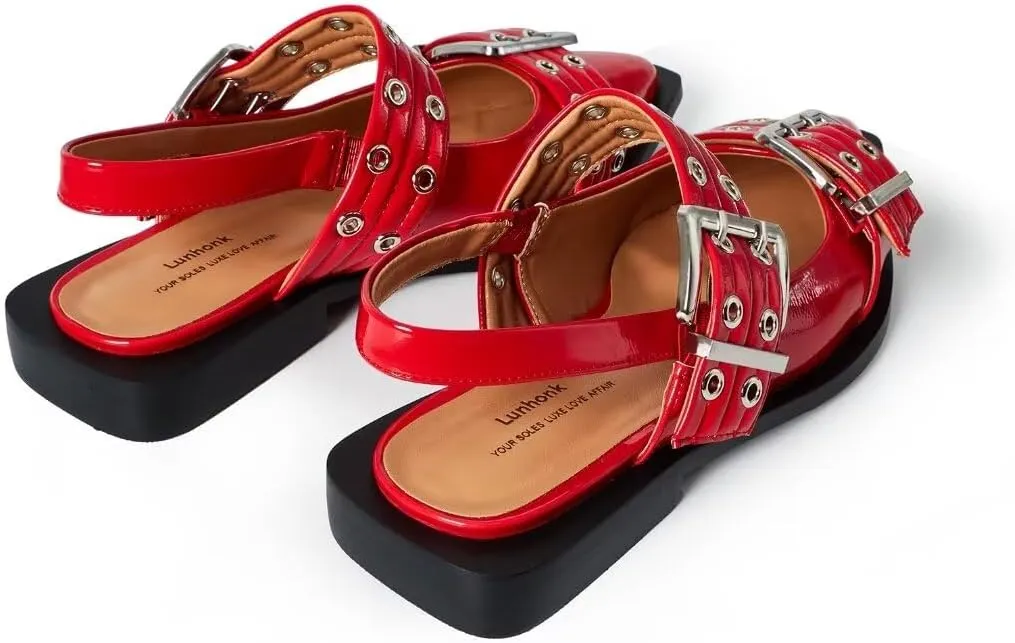 Slingback Flats for Women, Buckle Ballet Flats with Close Toe Pointed Toe Block Heel Dress Flat Shoes