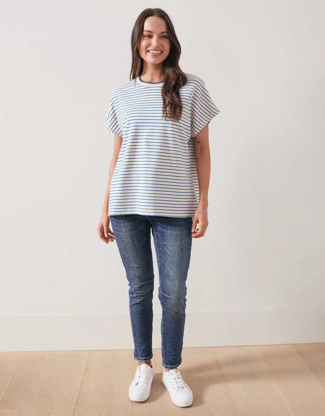 Striped Crew Neck Top - Cream/Royal Blue