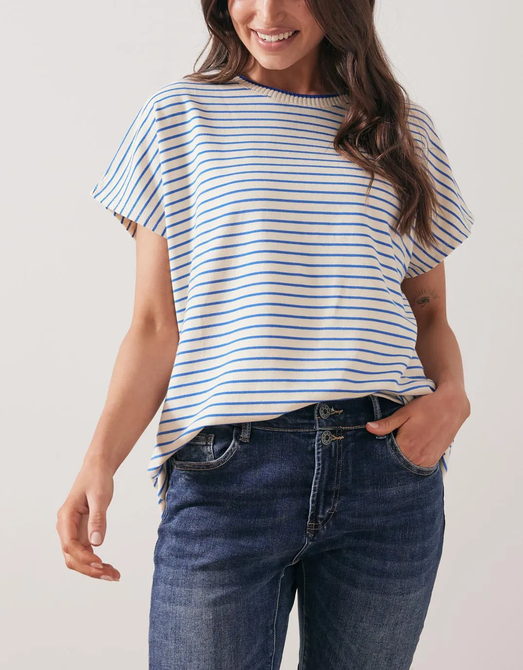 Striped Crew Neck Top - Cream/Royal Blue