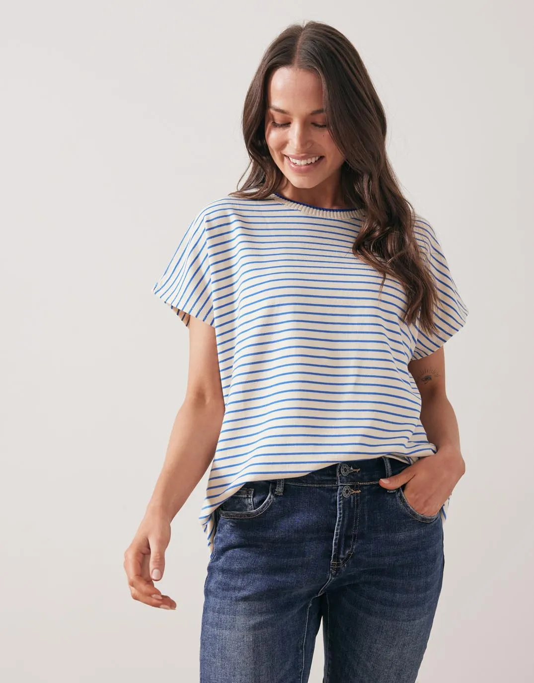 Striped Crew Neck Top - Cream/Royal Blue