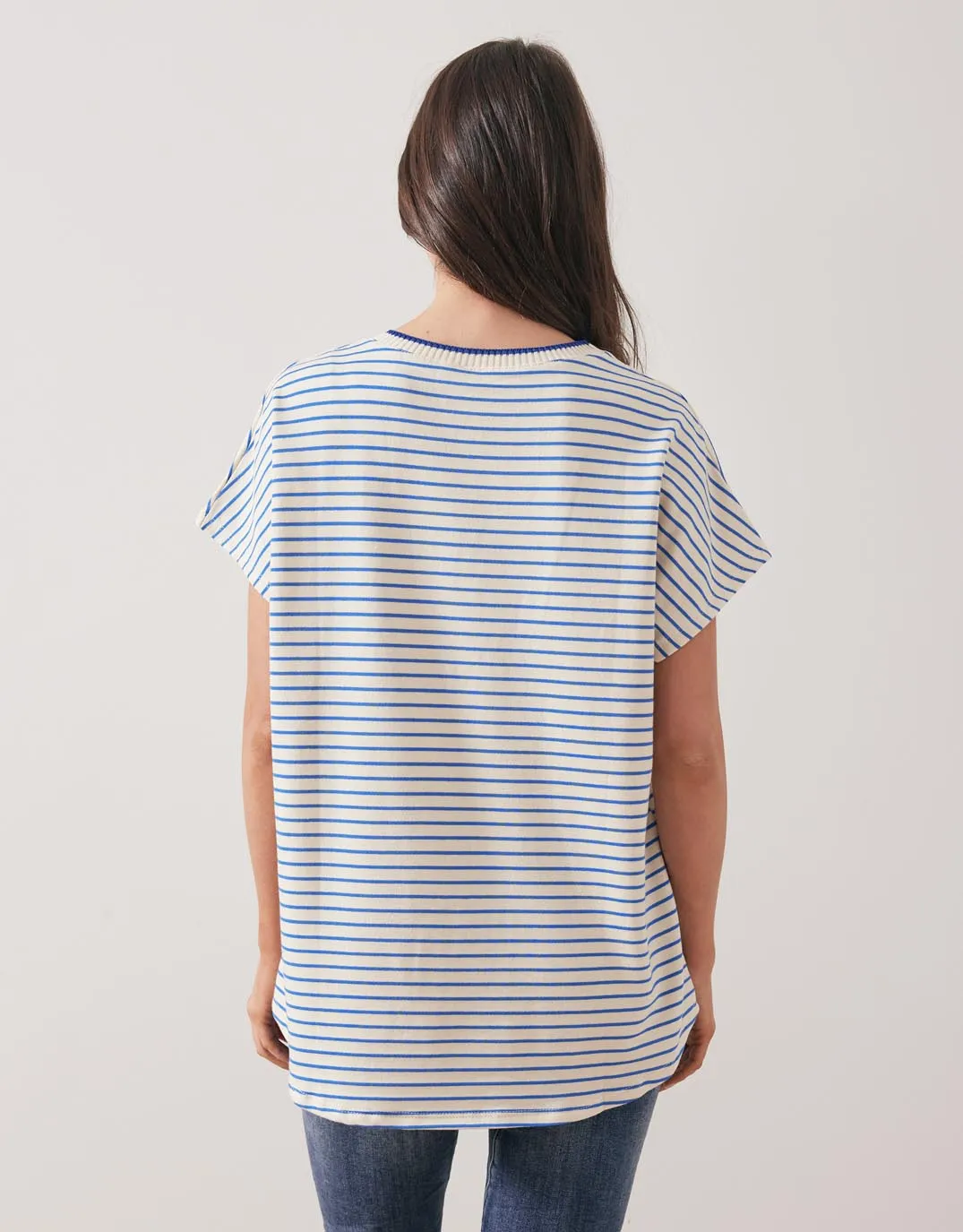 Striped Crew Neck Top - Cream/Royal Blue