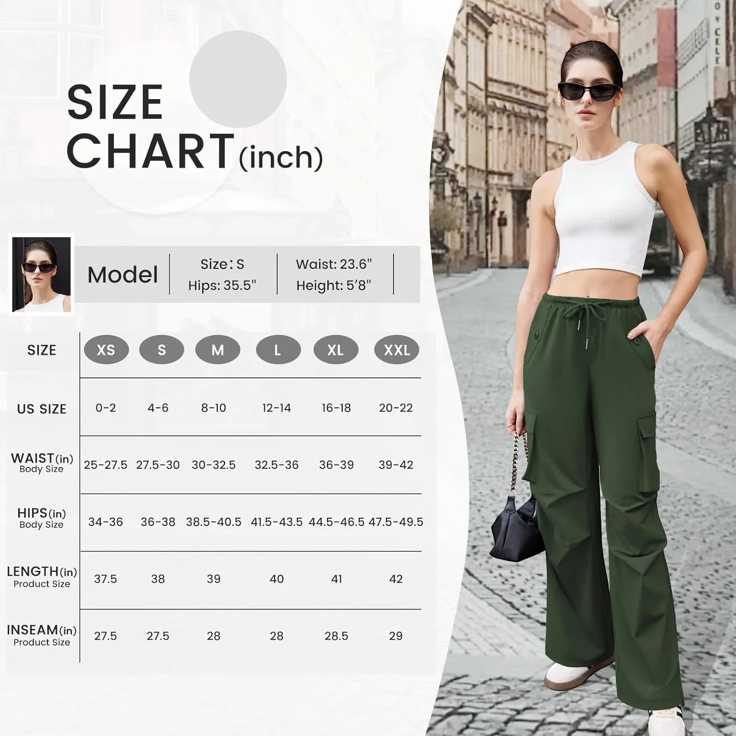 Womens Cargo Pants Elastic Waist Wide Leg Parachute Pants with 4 Pockets Baggy Hiking Trousers Travel Y2K Waterproof