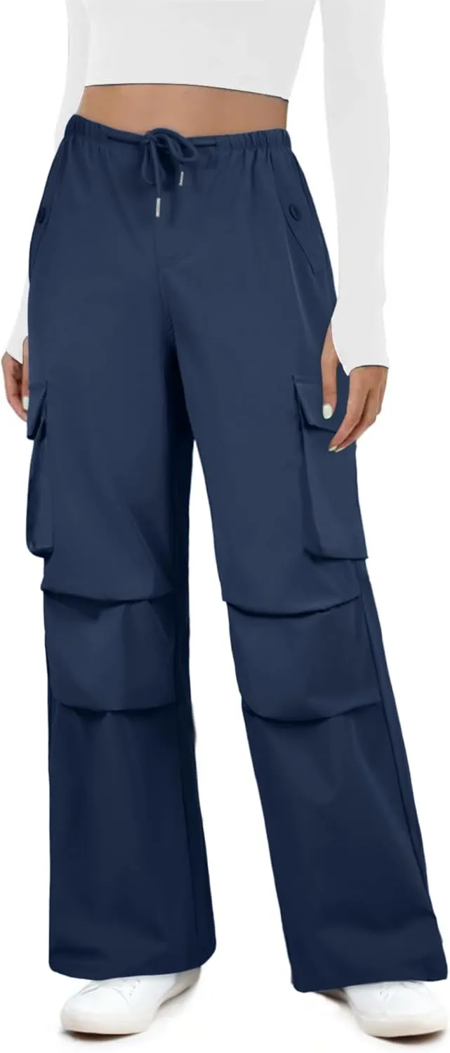 Womens Cargo Pants Elastic Waist Wide Leg Parachute Pants with 4 Pockets Baggy Hiking Trousers Travel Y2K Waterproof