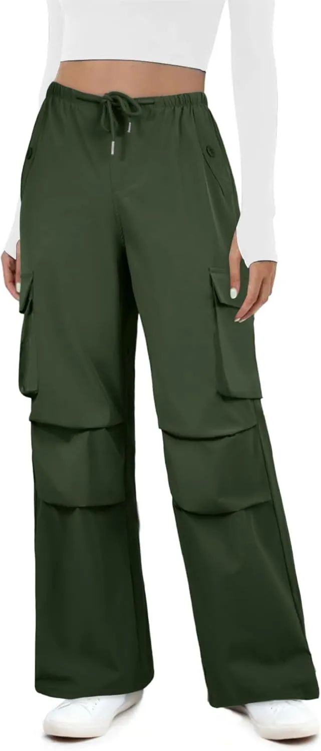 Womens Cargo Pants Elastic Waist Wide Leg Parachute Pants with 4 Pockets Baggy Hiking Trousers Travel Y2K Waterproof